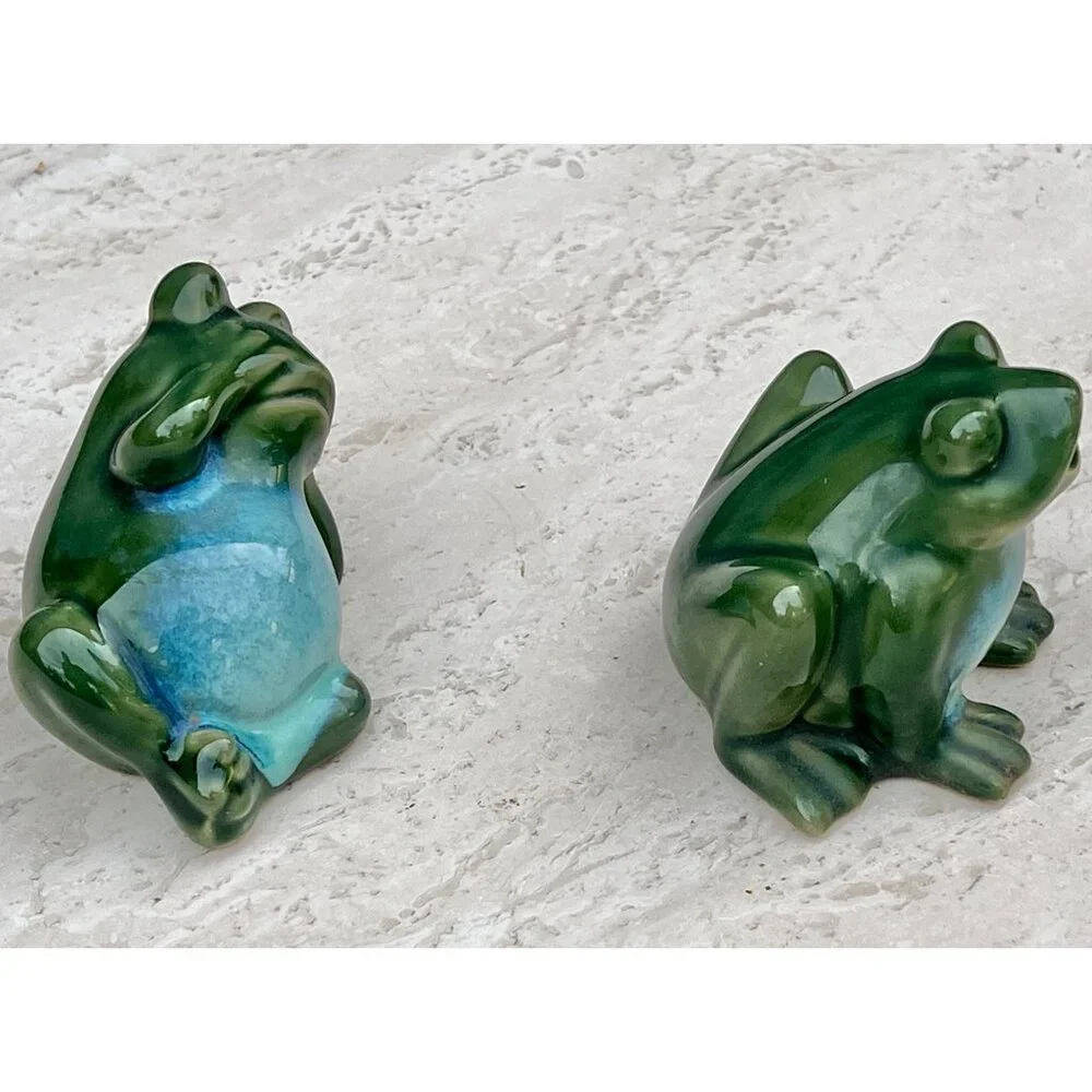 Vintage Ceramic Green Frog Figurines Set Of 2 Hand-Painted Glossy Finish - Picture 6 of 12